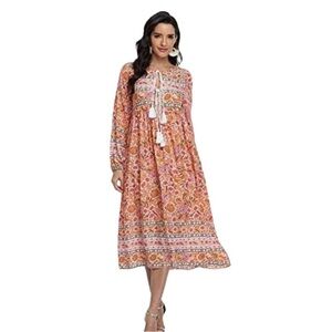 Bohemian Floral Maxi Dress Orange, Size Small